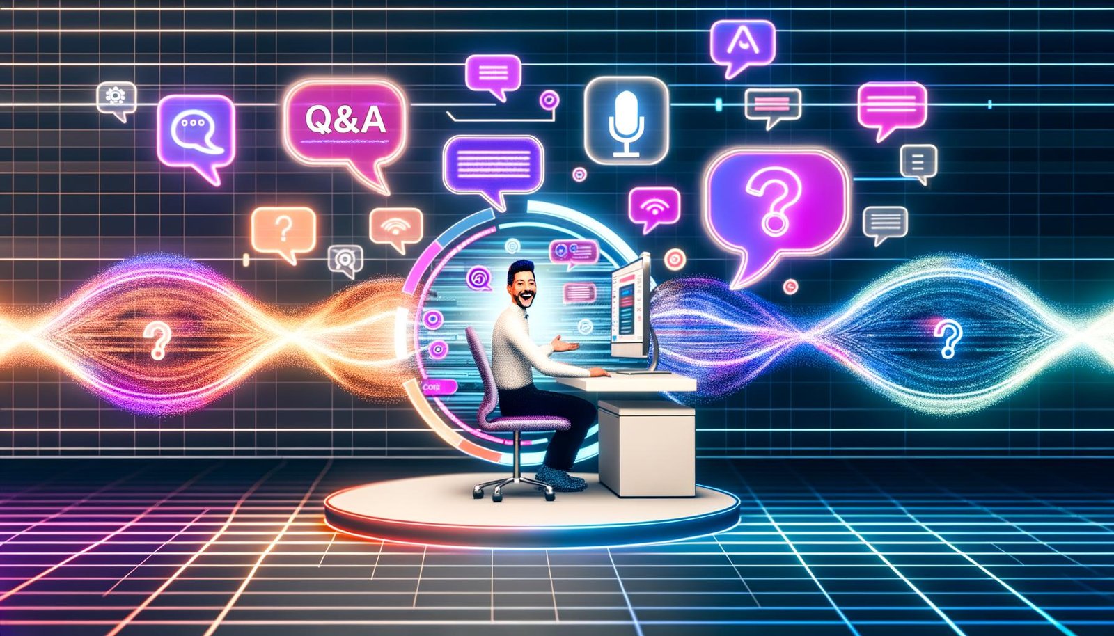 Futuristischer Content Creator an einem modernen Arbeitsplatz mit Symbolen beliebter Sprachassistenten, schwebenden Datenströmen und strukturierten Q&A-Inhalten auf dem Bildschirm.