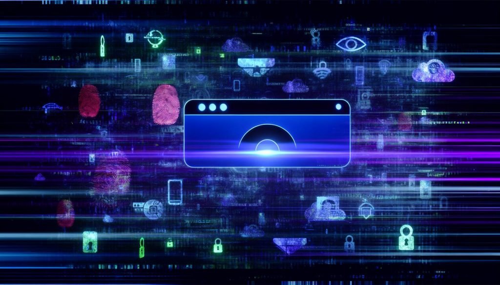 Abstrakte Illustration eines Webbrowsers, der neonfarbene Daten in Form von Symbolen und Linien zwischen Werbetafeln und Datenwolken einsaugt, umgeben von AdTech-Silhouetten und Tracking-Augen in kühlen Cyber-Farben.