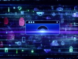 Abstrakte Illustration eines Webbrowsers, der neonfarbene Daten in Form von Symbolen und Linien zwischen Werbetafeln und Datenwolken einsaugt, umgeben von AdTech-Silhouetten und Tracking-Augen in kühlen Cyber-Farben.