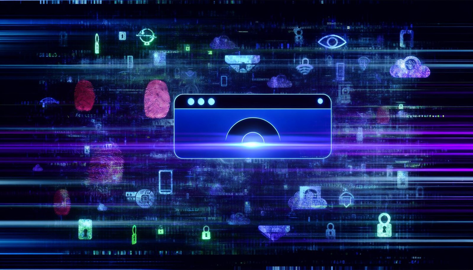 Abstrakte Illustration eines Webbrowsers, der neonfarbene Daten in Form von Symbolen und Linien zwischen Werbetafeln und Datenwolken einsaugt, umgeben von AdTech-Silhouetten und Tracking-Augen in kühlen Cyber-Farben.