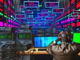 Futuristisches, überladenes Marketingbüro mit erschöpftem Manager, chaotischen Kabeln, Servern und mehreren Monitoren mit technischen Warnungen und Fehleranzeigen