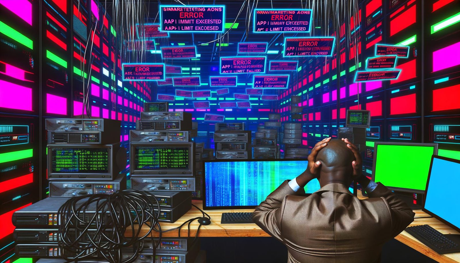 Futuristisches, überladenes Marketingbüro mit erschöpftem Manager, chaotischen Kabeln, Servern und mehreren Monitoren mit technischen Warnungen und Fehleranzeigen