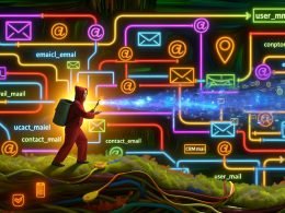 Visualisierung eines digitalen Marketers, der im Datenchaos von multiplen Formaten steht, umgeben von Kabeln, Software-Symbolen und einem Gerät, das Daten für Geschäftsanwendungen organisiert.