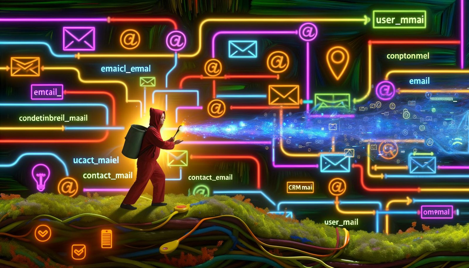 Visualisierung eines digitalen Marketers, der im Datenchaos von multiplen Formaten steht, umgeben von Kabeln, Software-Symbolen und einem Gerät, das Daten für Geschäftsanwendungen organisiert.