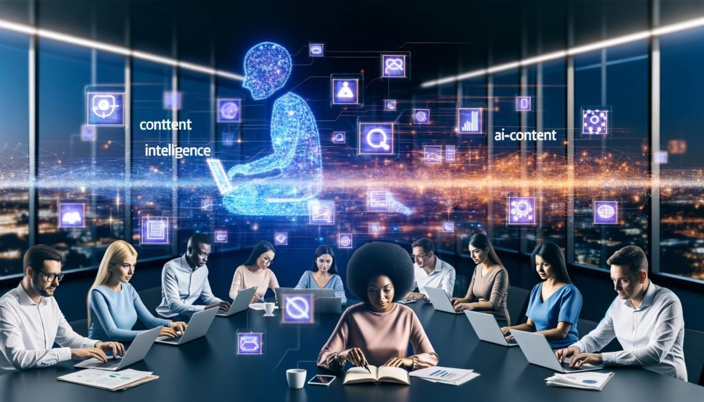 Vielfältiges Team arbeitet im Hightech-Büro an digitalen Content-Intelligence-Lösungen mit Hologramm und Datenströmen.