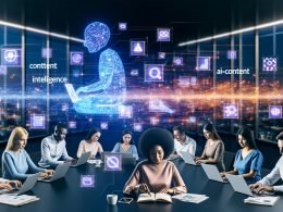 Vielfältiges Team arbeitet im Hightech-Büro an digitalen Content-Intelligence-Lösungen mit Hologramm und Datenströmen.