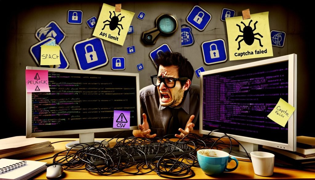 Illustration eines genervten Programmierers an einem unordentlichen Schreibtisch, mit Monitoren voller Fehlermeldungen, Warnzeichen, leeren CSV-Dateien sowie Symbolen und Logos von Social Media-Plattformen mit Schloss und Debugging-Elementen.