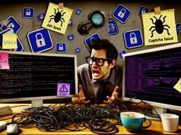 Illustration eines genervten Programmierers an einem unordentlichen Schreibtisch, mit Monitoren voller Fehlermeldungen, Warnzeichen, leeren CSV-Dateien sowie Symbolen und Logos von Social Media-Plattformen mit Schloss und Debugging-Elementen.