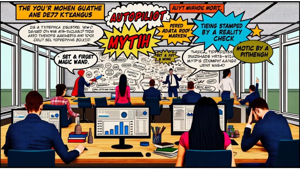 Moderner Großraumbüro-Schreibtisch mit Technik und Marketing-Dashboards, frustriertes Team arbeitet an Whiteboards voller Zahlen und Fehler, daneben Comic-Mythen-Sprechblasen mit Buzzwords.