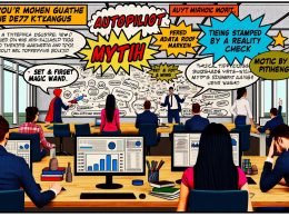 Moderner Großraumbüro-Schreibtisch mit Technik und Marketing-Dashboards, frustriertes Team arbeitet an Whiteboards voller Zahlen und Fehler, daneben Comic-Mythen-Sprechblasen mit Buzzwords.