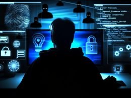 Hacker sitzt nachts im modernen Homeoffice, Monitor leuchtet in Blautönen, im Raum abstrahierte Symbole für Fingerabdruck, Browser, Canvas und Tracker, angespanntes, technisches Ambiente.