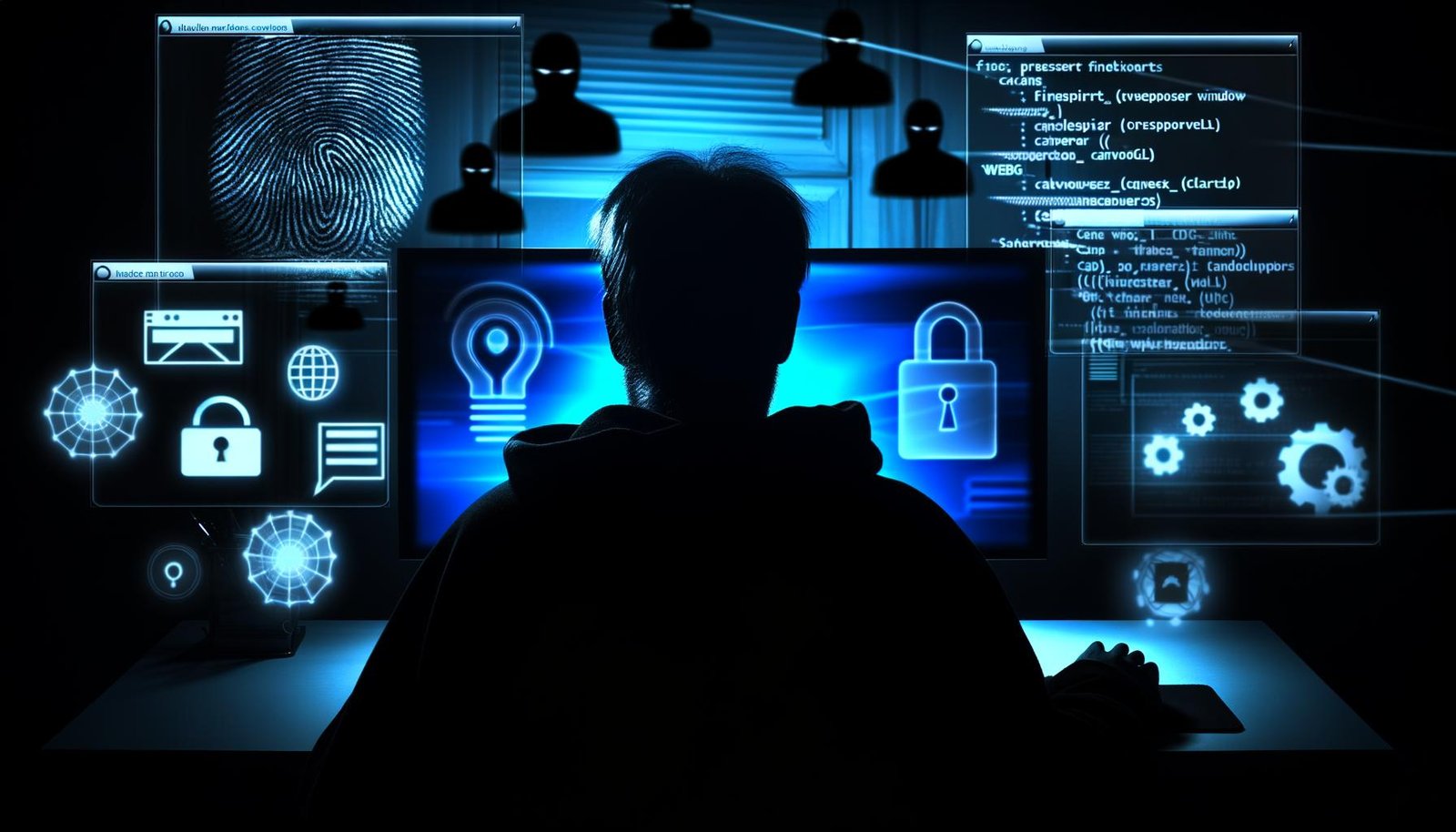 Hacker sitzt nachts im modernen Homeoffice, Monitor leuchtet in Blautönen, im Raum abstrahierte Symbole für Fingerabdruck, Browser, Canvas und Tracker, angespanntes, technisches Ambiente.