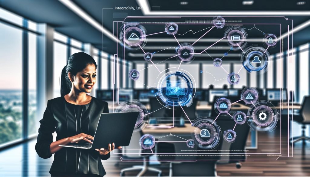 Marketing-Experte bedient Integrately auf Laptop in modernem Büro mit API-Flows und Datenvisualisierungen auf Monitoren