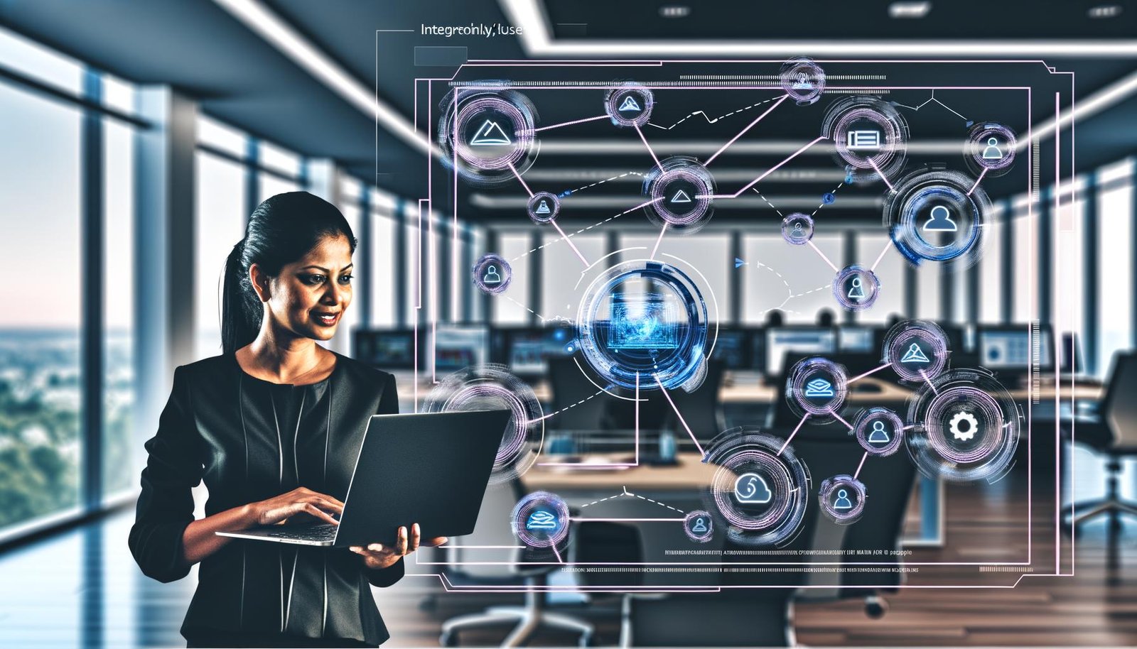 Marketing-Experte bedient Integrately auf Laptop in modernem Büro mit API-Flows und Datenvisualisierungen auf Monitoren