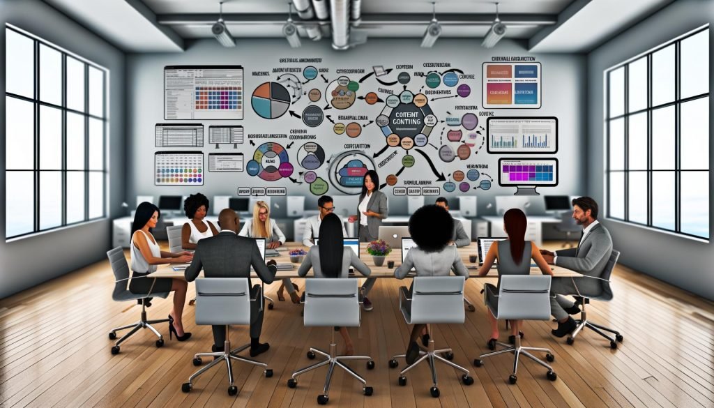 Digital-Marketing-Team kollaboriert an modernen Arbeitsplätzen mit Bildschirmen, die Analysen, Workflows und den Content-Lebenszyklus zeigen.