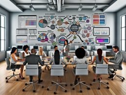 Digital-Marketing-Team kollaboriert an modernen Arbeitsplätzen mit Bildschirmen, die Analysen, Workflows und den Content-Lebenszyklus zeigen.