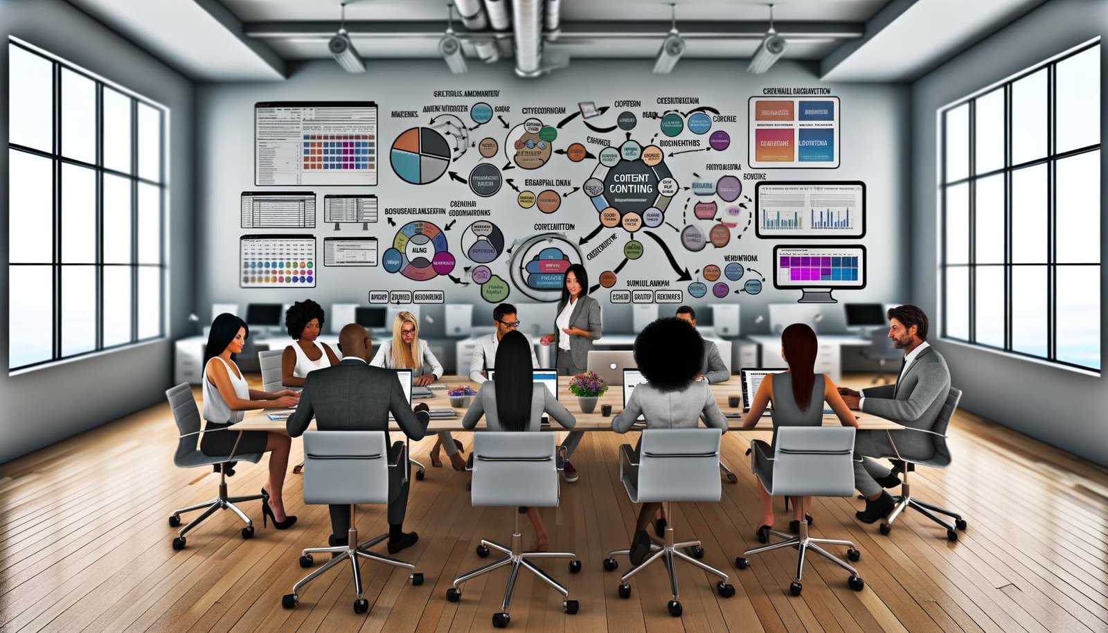 Digital-Marketing-Team kollaboriert an modernen Arbeitsplätzen mit Bildschirmen, die Analysen, Workflows und den Content-Lebenszyklus zeigen.