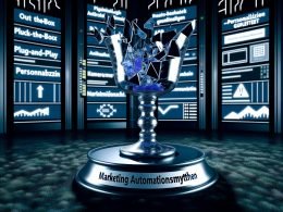Dramatische Illustration eines zerbrochenen Kristallglases mit der Aufschrift 'Marketing Automationsmythen', vor einer Serverraum-Kulisse mit technischen Elementen und reflektierten Marketing-Buzzwords.