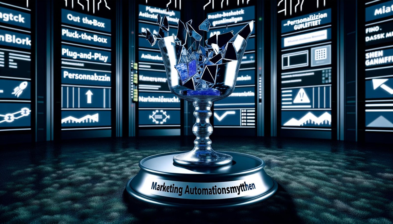 Dramatische Illustration eines zerbrochenen Kristallglases mit der Aufschrift 'Marketing Automationsmythen', vor einer Serverraum-Kulisse mit technischen Elementen und reflektierten Marketing-Buzzwords.