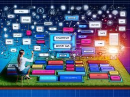 Illustration eines digitalen Architekten beim Erstellen eines modularen Content-Modell-Diagramms mit klar strukturierten Blöcken wie Titel, Autor und Datum. Im Hintergrund der Wechsel von chaotischen Texten zu geordneten, farbigen Contentblöcken mit Hinweisen zu SEO, API und Machine Learning.