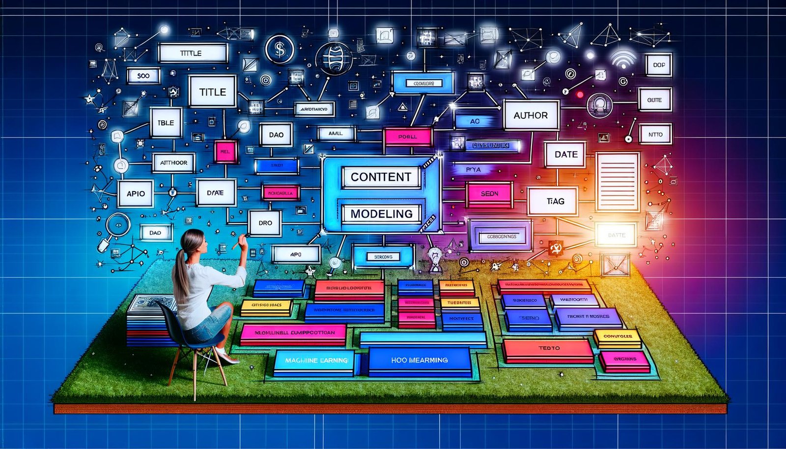 Illustration eines digitalen Architekten beim Erstellen eines modularen Content-Modell-Diagramms mit klar strukturierten Blöcken wie Titel, Autor und Datum. Im Hintergrund der Wechsel von chaotischen Texten zu geordneten, farbigen Contentblöcken mit Hinweisen zu SEO, API und Machine Learning.