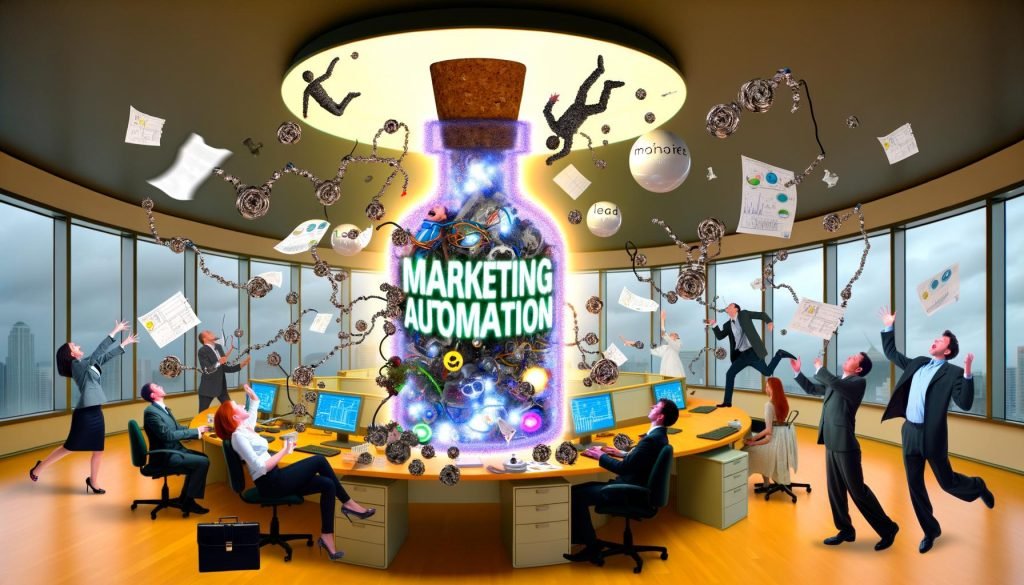 Surreale Szene in einem Büro: Marketer um eine große, leuchtende Flasche 'Marketing Automation', verwirrte und begeisterte Mitarbeiter, samt chaotischen Papieren und kaputten Automationssystemen.