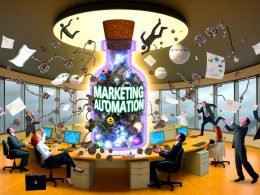 Surreale Szene in einem Büro: Marketer um eine große, leuchtende Flasche 'Marketing Automation', verwirrte und begeisterte Mitarbeiter, samt chaotischen Papieren und kaputten Automationssystemen.