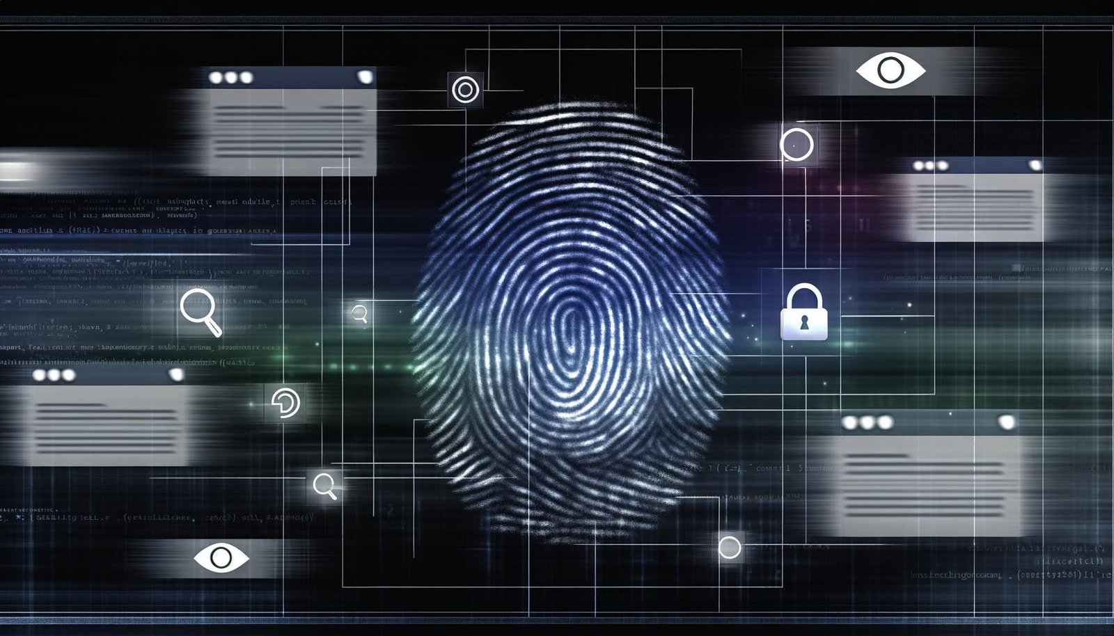 Düstere, futuristische Illustration eines digitalen Fingerabdrucks aus Codes, Browser-Icons und Datenströmen, umgeben von Tracking- und Netzwerksymbolen mit verblassenden Cookie-Symbolen.