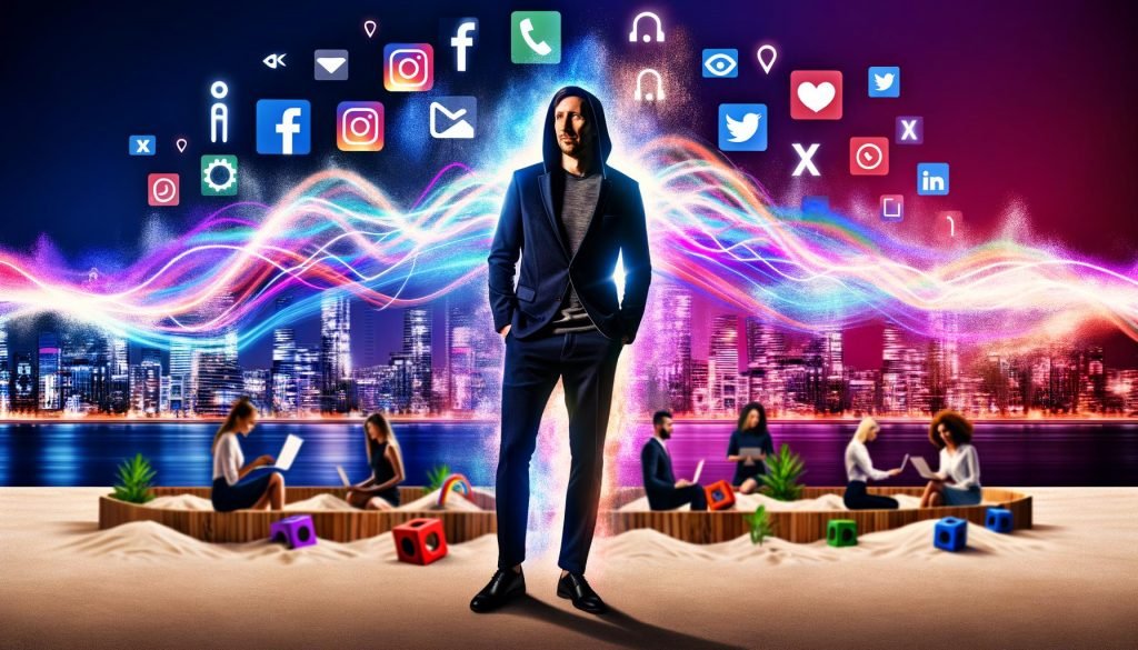 Marketer vor einer Wand aus Datenströmen und Social-Media-Icons mit urbanem Technik-Hintergrund, KI-Elementen und diversen digitalen Profis.