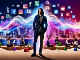 Marketer vor einer Wand aus Datenströmen und Social-Media-Icons mit urbanem Technik-Hintergrund, KI-Elementen und diversen digitalen Profis.