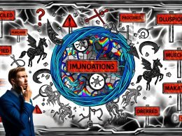 Frustrierte Person vor chaotischen Marketing-Automatisierungs-Dashboards, Fehlermeldungen und zerstörten Symbolen von Tools, im Hintergrund durchgestrichene Fabelwesen, Tech-Design in Blau und Grau.