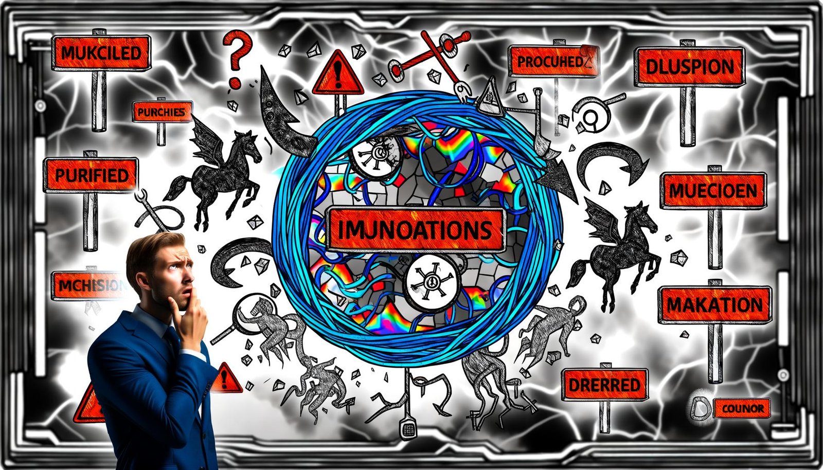 Frustrierte Person vor chaotischen Marketing-Automatisierungs-Dashboards, Fehlermeldungen und zerstörten Symbolen von Tools, im Hintergrund durchgestrichene Fabelwesen, Tech-Design in Blau und Grau.