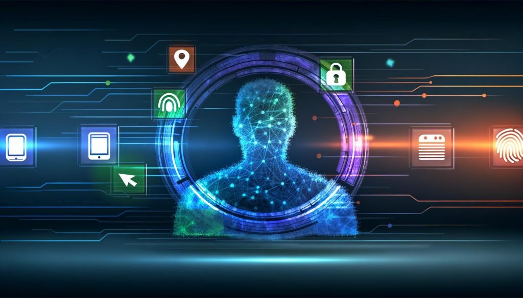 Abstrahierte, halbtransparente Nutzer-Silhouette im Zentrum, umgeben von leuchtenden Symbolen wie Fingerabdruck, Code und Netzwerk. Linien verbinden die Figur mit Browser-, Cookie- und Ad-Blocker-Icons, auf dunklem, futuristischem Hintergrund.