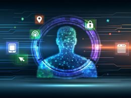 Abstrahierte, halbtransparente Nutzer-Silhouette im Zentrum, umgeben von leuchtenden Symbolen wie Fingerabdruck, Code und Netzwerk. Linien verbinden die Figur mit Browser-, Cookie- und Ad-Blocker-Icons, auf dunklem, futuristischem Hintergrund.