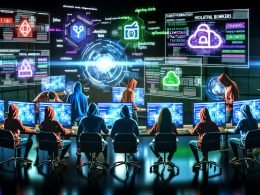 Diverse Marketing-Profis in einem stimmungsvollen, futuristischen Büro, umgeben von Neonlicht, beobachten leuchtende Monitore mit Datenvisualisierungen, Social-Media-Plattform-Logos hinter digitalen Mauern und holografischen Technik-Symbolen.