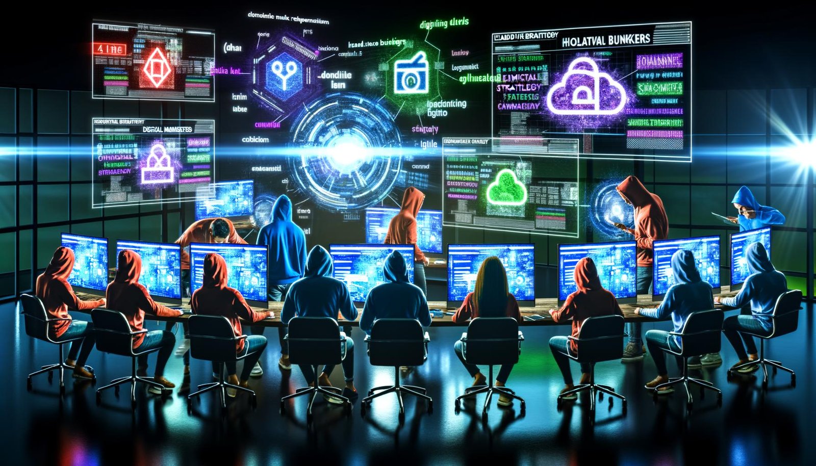 Diverse Marketing-Profis in einem stimmungsvollen, futuristischen Büro, umgeben von Neonlicht, beobachten leuchtende Monitore mit Datenvisualisierungen, Social-Media-Plattform-Logos hinter digitalen Mauern und holografischen Technik-Symbolen.