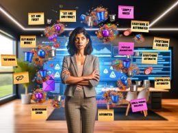 Skeptischer Marketing-Profi mit verschränkten Armen vor einem Durcheinander digitaler Marketing-Tools, Notizzetteln zu Automations-Mythen, komplexen Datenströmen und Systemfehlermeldungen im modernen Büro