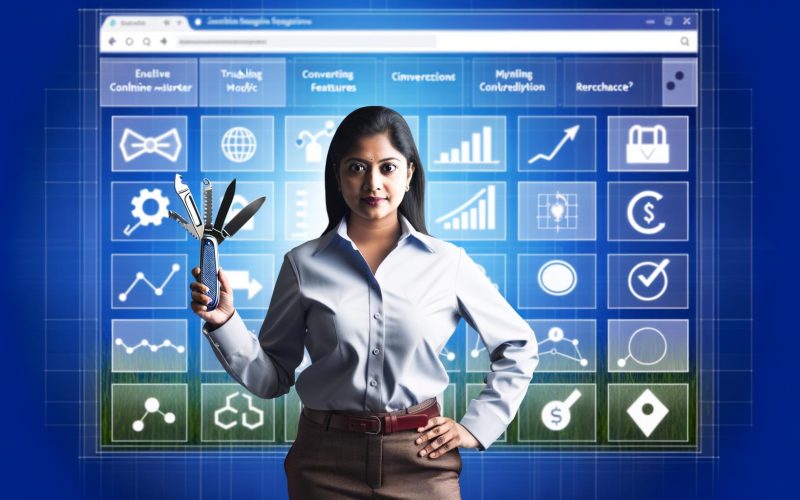 Digitale Illustration eines Marketers vor einem modernen Website-Dashboard mit Tracking-Grafiken und Meta-Marketing-Tools.