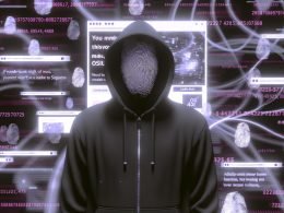 Stilisiertes Cyberpunk-Magazinbild mit einem maskierten Surfer vor Bildschirm, umgeben von Datenströmen, Fingerabdrücken und digitalen Mustern vor verschwimmenden Webseiten und Werbebannern.