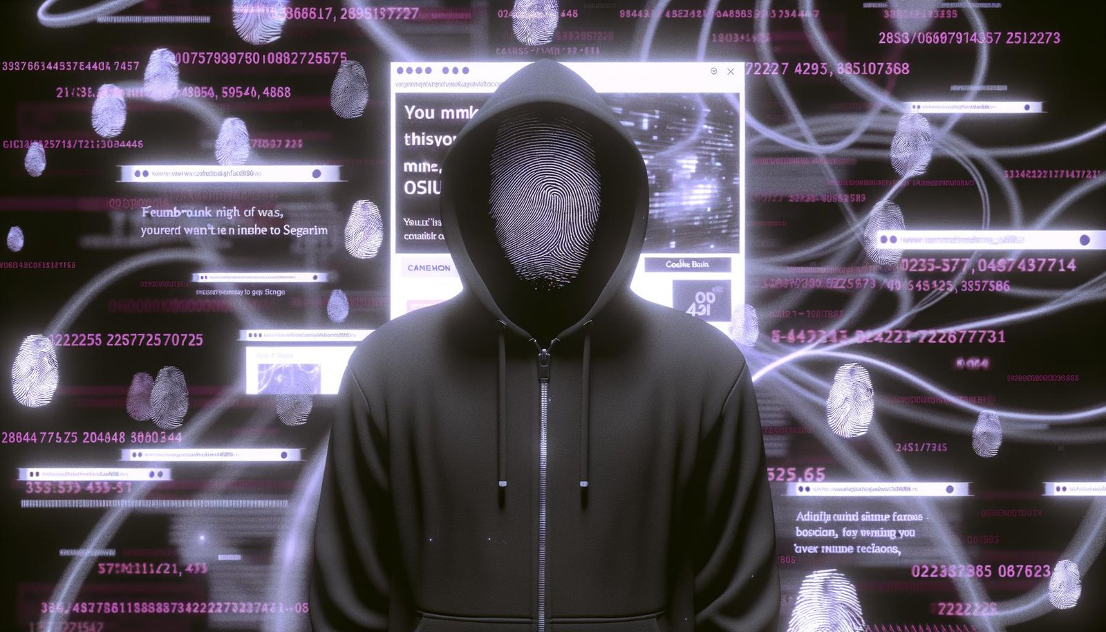 Stilisiertes Cyberpunk-Magazinbild mit einem maskierten Surfer vor Bildschirm, umgeben von Datenströmen, Fingerabdrücken und digitalen Mustern vor verschwimmenden Webseiten und Werbebannern.