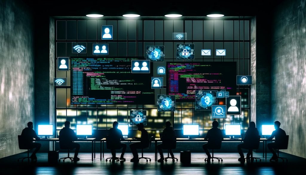 Modernes Loft-Büro bei Nacht mit leuchtenden Monitoren, Datenströmen, Social-Media-Icons und Stadtblick im Cyberpunk-Stil