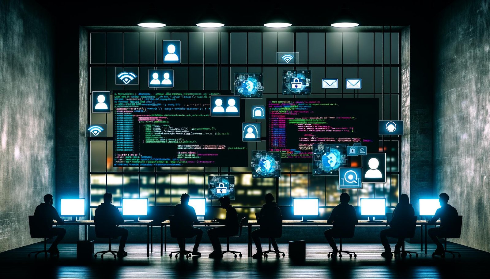 Modernes Loft-Büro bei Nacht mit leuchtenden Monitoren, Datenströmen, Social-Media-Icons und Stadtblick im Cyberpunk-Stil