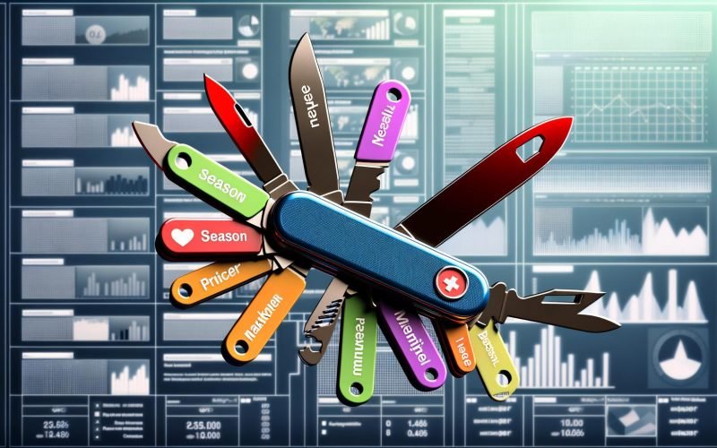 Stilisiertes Schweizer Taschenmesser mit austauschbaren Marketing-Icons wie Saison, Preisspanne, Marge und Topseller vor einem digitalen Dashboard mit Analytics und Google Ads Oberfläche.