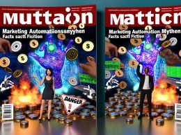 Surreales Magazin-Cover mit 'Marketing Automationsmythen', digital verfremdeten Zahnrädern, Münzen, Datenströmen, einem Magier und kritisch blickenden Analysten mit Charts vor warnenden Symbolen.
