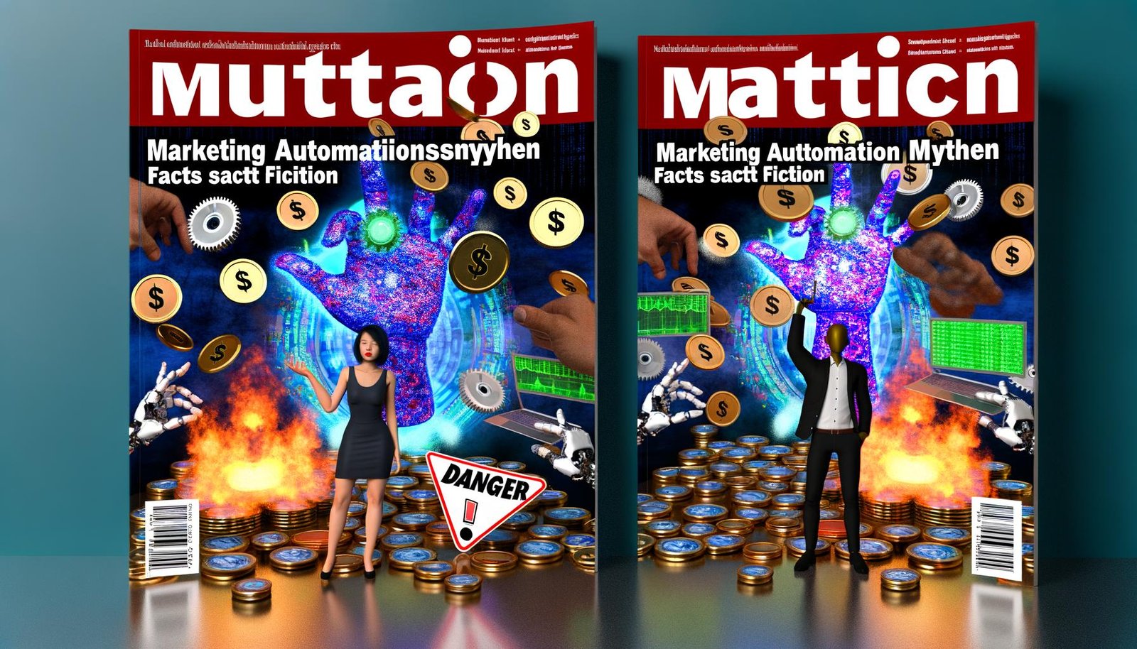 Surreales Magazin-Cover mit 'Marketing Automationsmythen', digital verfremdeten Zahnrädern, Münzen, Datenströmen, einem Magier und kritisch blickenden Analysten mit Charts vor warnenden Symbolen.