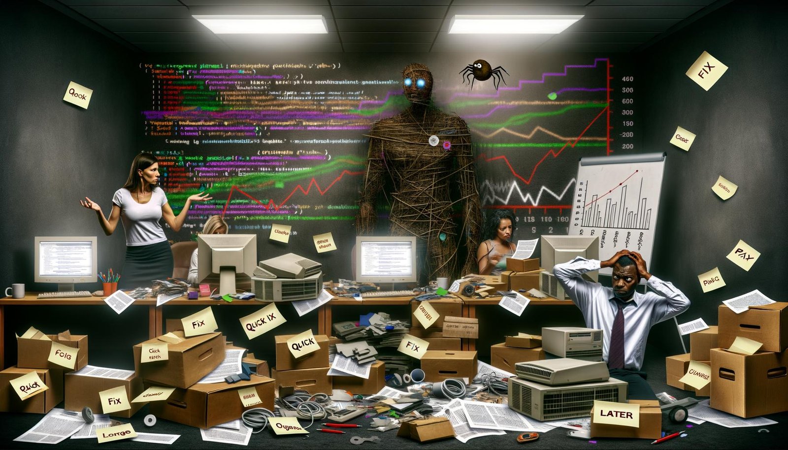 Visuelle Trennung zwischen abstrahiertem Menschenkopf mit digitalen Schaltkreisen (KI) und stylisiertem Roboterkopf (AI), verbunden durch eine Teilungslinie und unscharfe Fachbegriffe im Hintergrund.