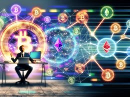 Illustration eines Solopreneurs am Laptop mit Symbolen für Blockchain, Wallets, Bitcoin, Ethereum, USDC und Payment-Gateways, umgeben von digitalen Weltkarten und Neonverbindungen.