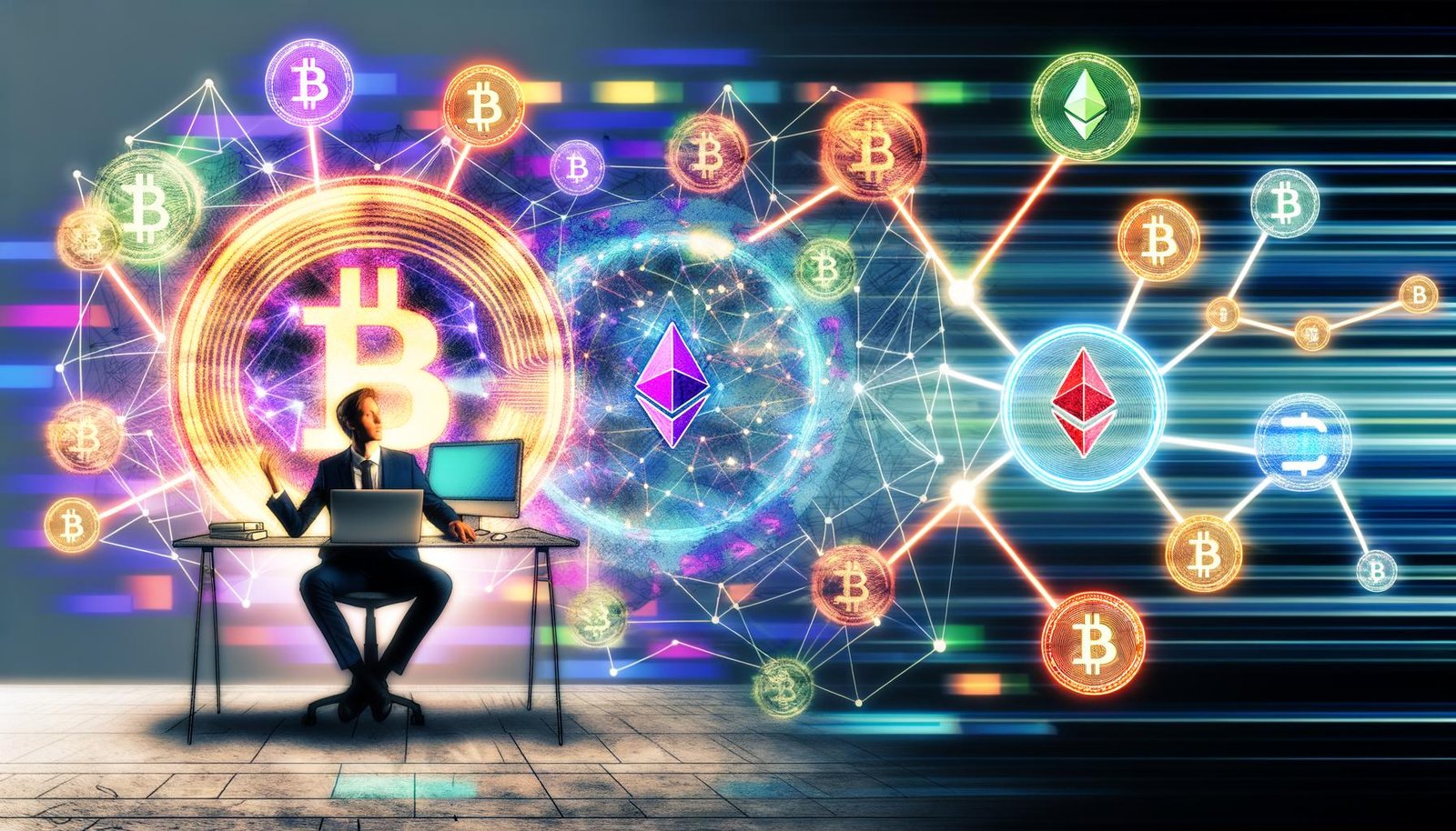 Illustration eines Solopreneurs am Laptop mit Symbolen für Blockchain, Wallets, Bitcoin, Ethereum, USDC und Payment-Gateways, umgeben von digitalen Weltkarten und Neonverbindungen.