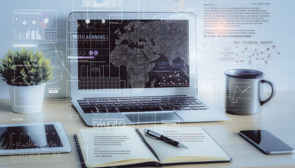 Moderner Arbeitsbereich mit Laptop, auf dem ein übersichtliches Machine Learning-Diagramm angezeigt wird, sowie verschwommenen digitalen Marketinggrafiken im Hintergrund und einem Notizbuch mit Kaffeebecher im Vordergrund.