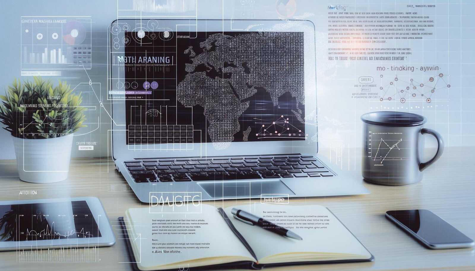 Moderner Arbeitsbereich mit Laptop, auf dem ein übersichtliches Machine Learning-Diagramm angezeigt wird, sowie verschwommenen digitalen Marketinggrafiken im Hintergrund und einem Notizbuch mit Kaffeebecher im Vordergrund.